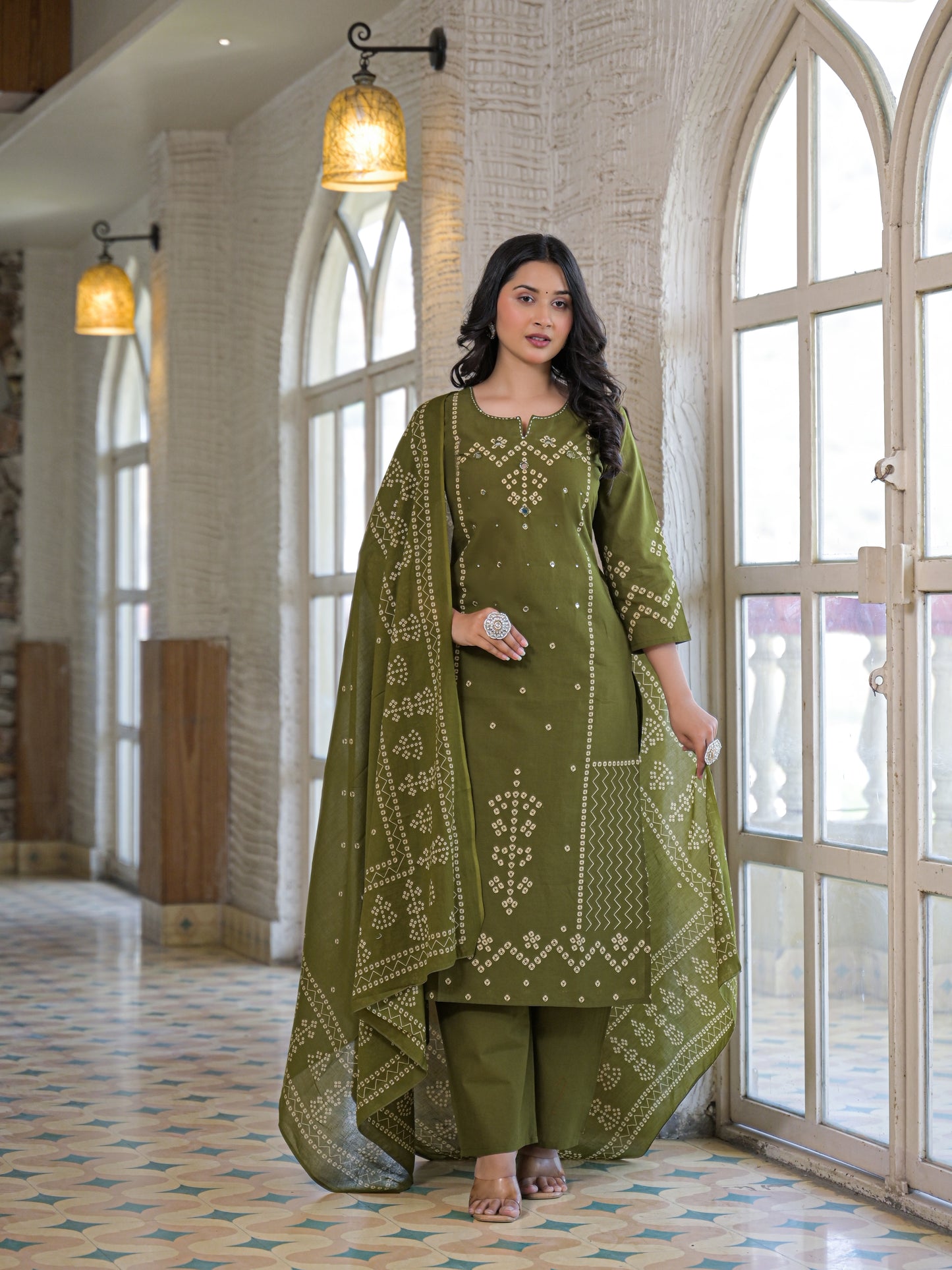 Olive Green Bandhej Kurta Palazzo Set with Dupatta