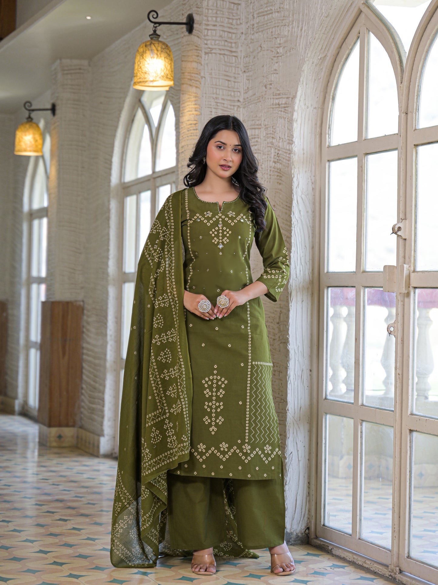 Olive Green Bandhej Kurta Palazzo Set with Dupatta