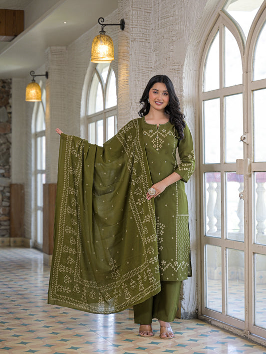 Olive Green Bandhej Kurta Palazzo Set with Dupatta