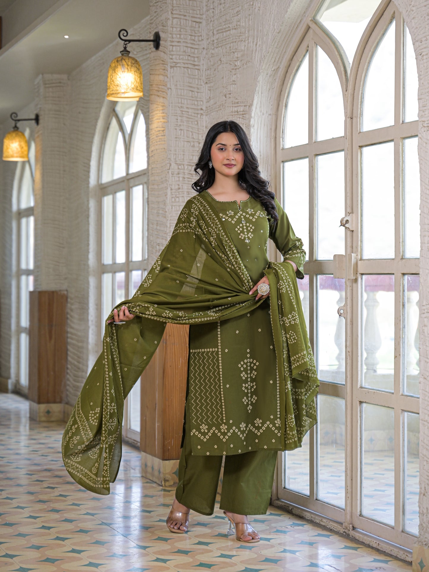 Olive Green Bandhej Kurta Palazzo Set with Dupatta