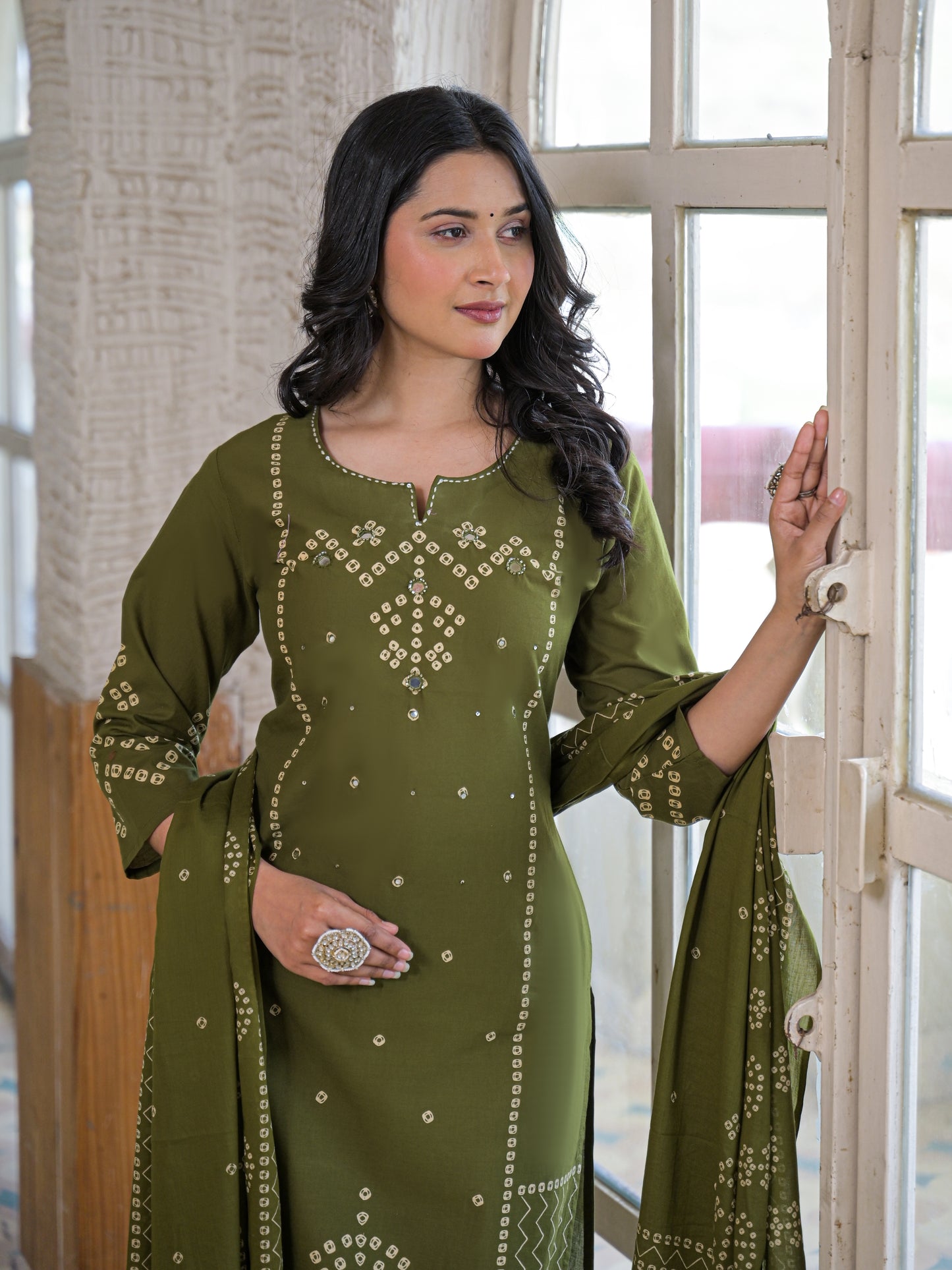 Olive Green Bandhej Kurta Palazzo Set with Dupatta