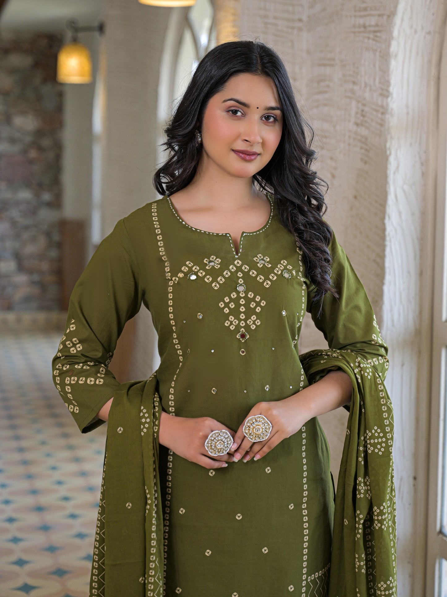 Olive Green Bandhej Kurta Palazzo Set with Dupatta
