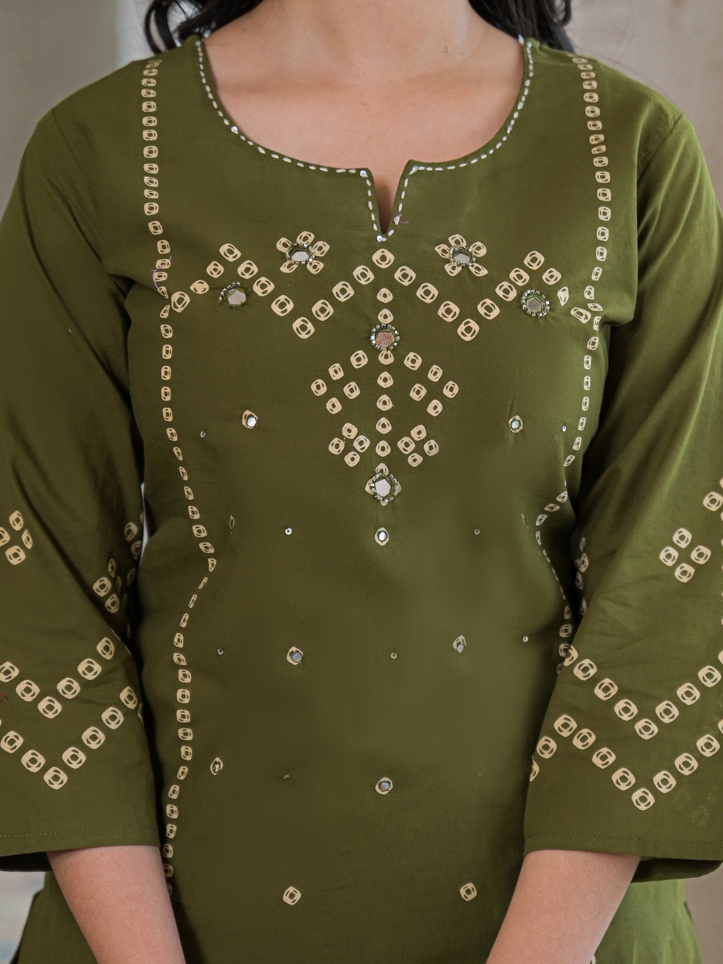 Olive Green Bandhej Kurta Palazzo Set with Dupatta
