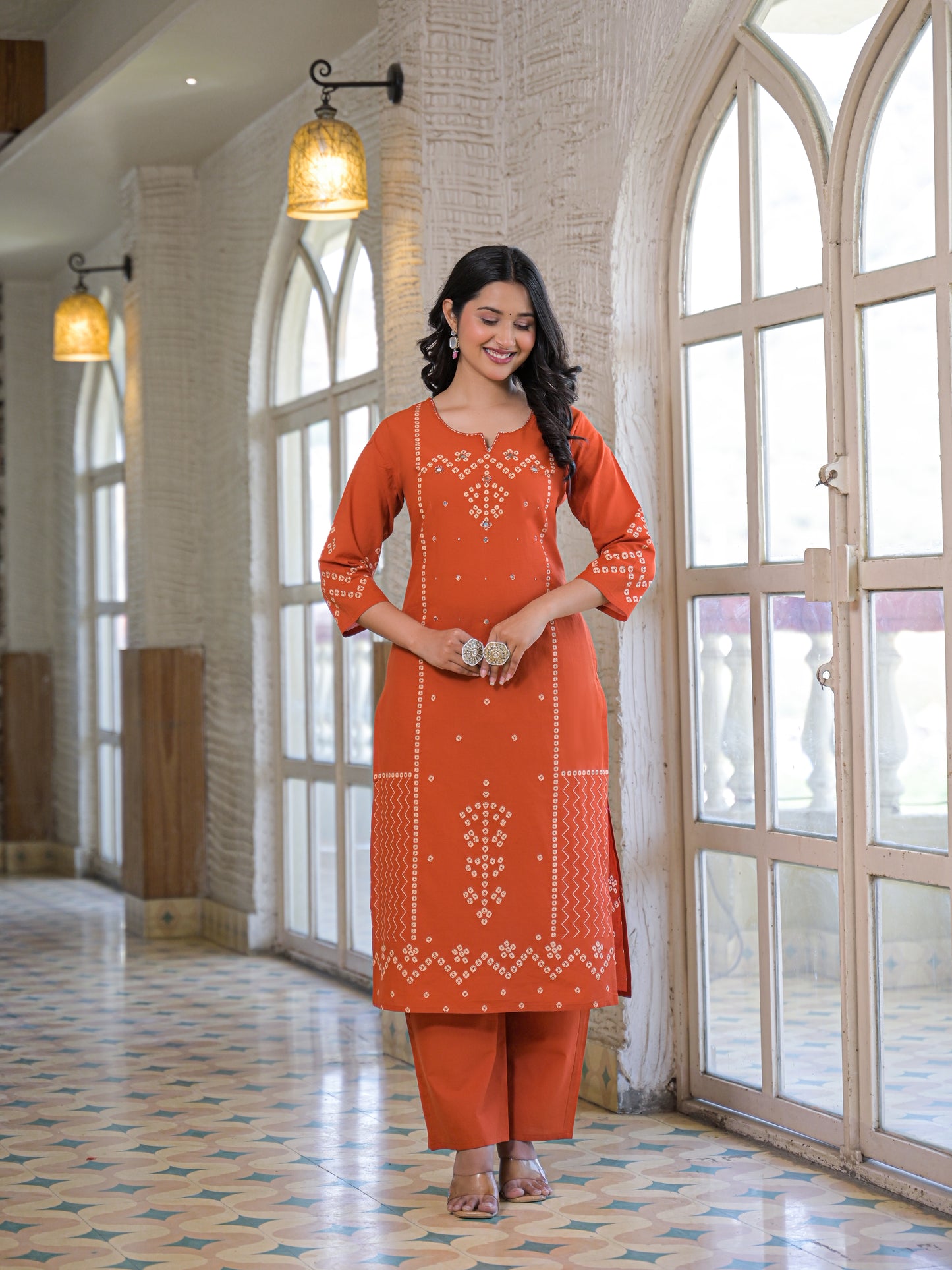 Peach Orange Bandhej Kurta Palazzo Set with Dupatta