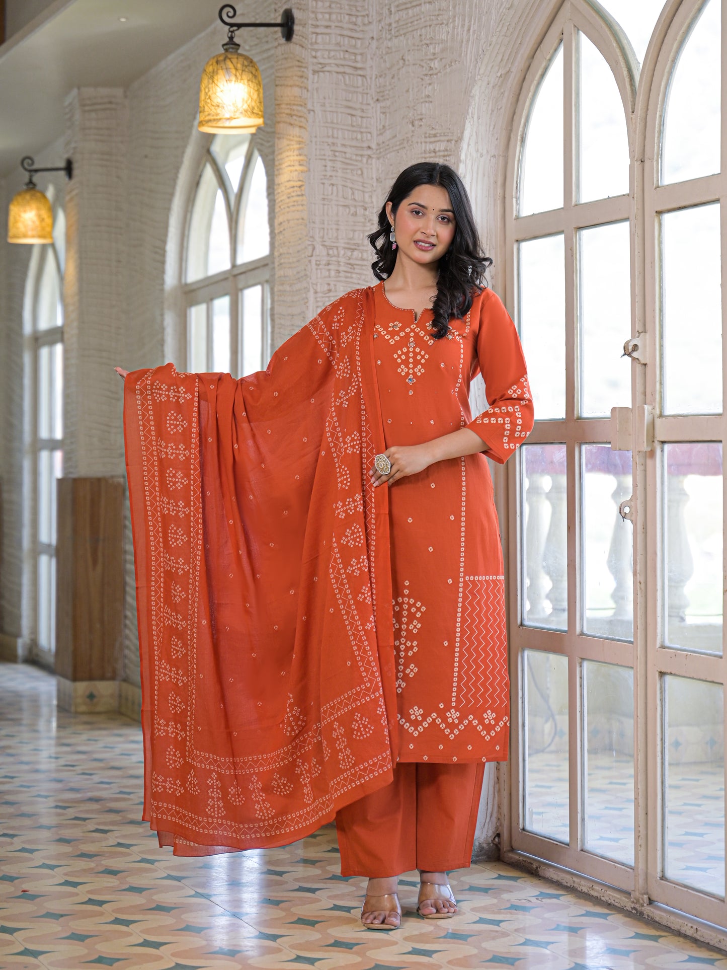 Peach Orange Bandhej Kurta Palazzo Set with Dupatta