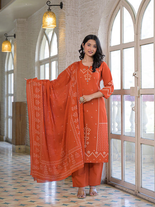 Peach Orange Bandhej Kurta Palazzo Set with Dupatta