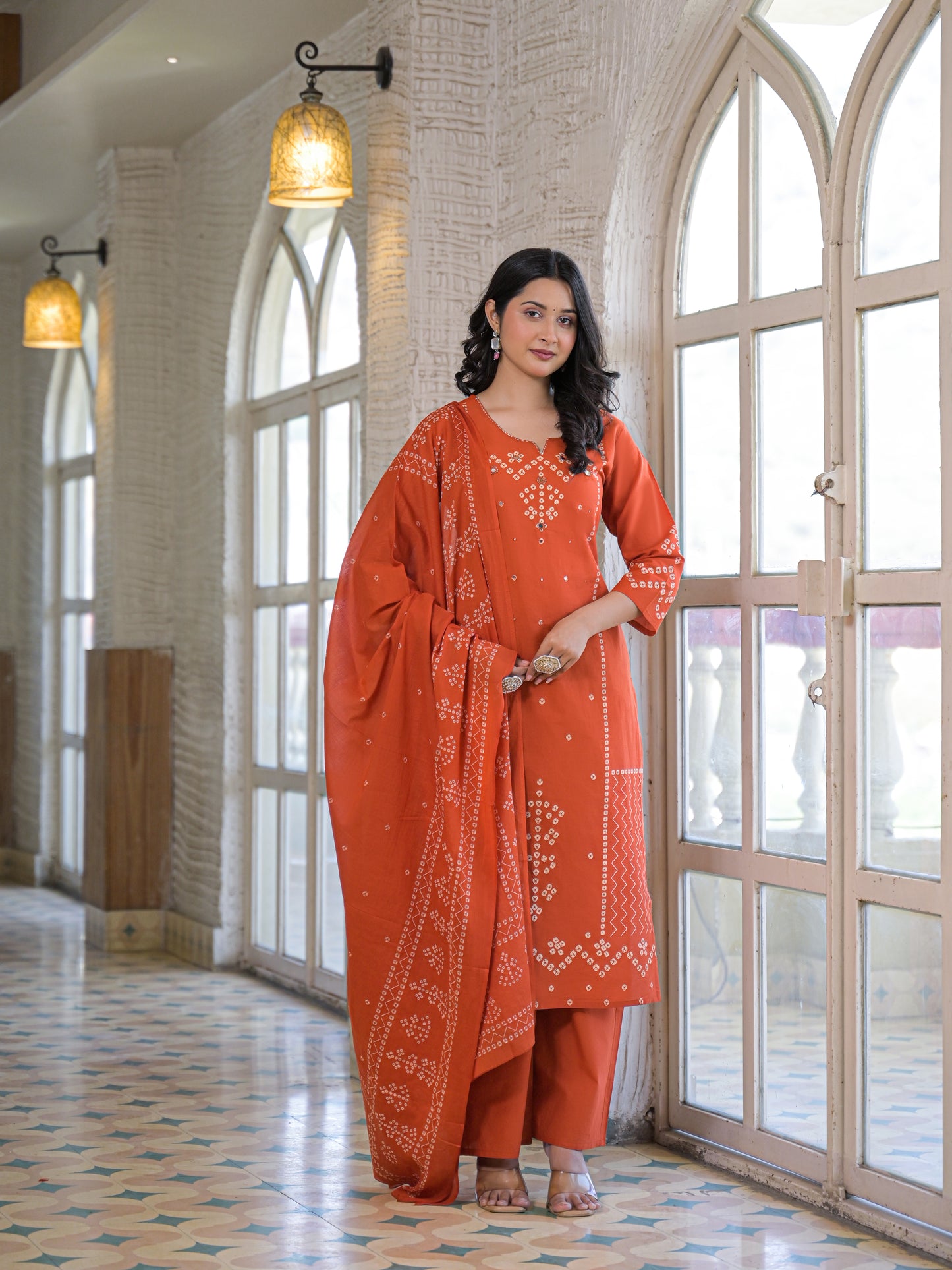 Peach Orange Bandhej Kurta Palazzo Set with Dupatta