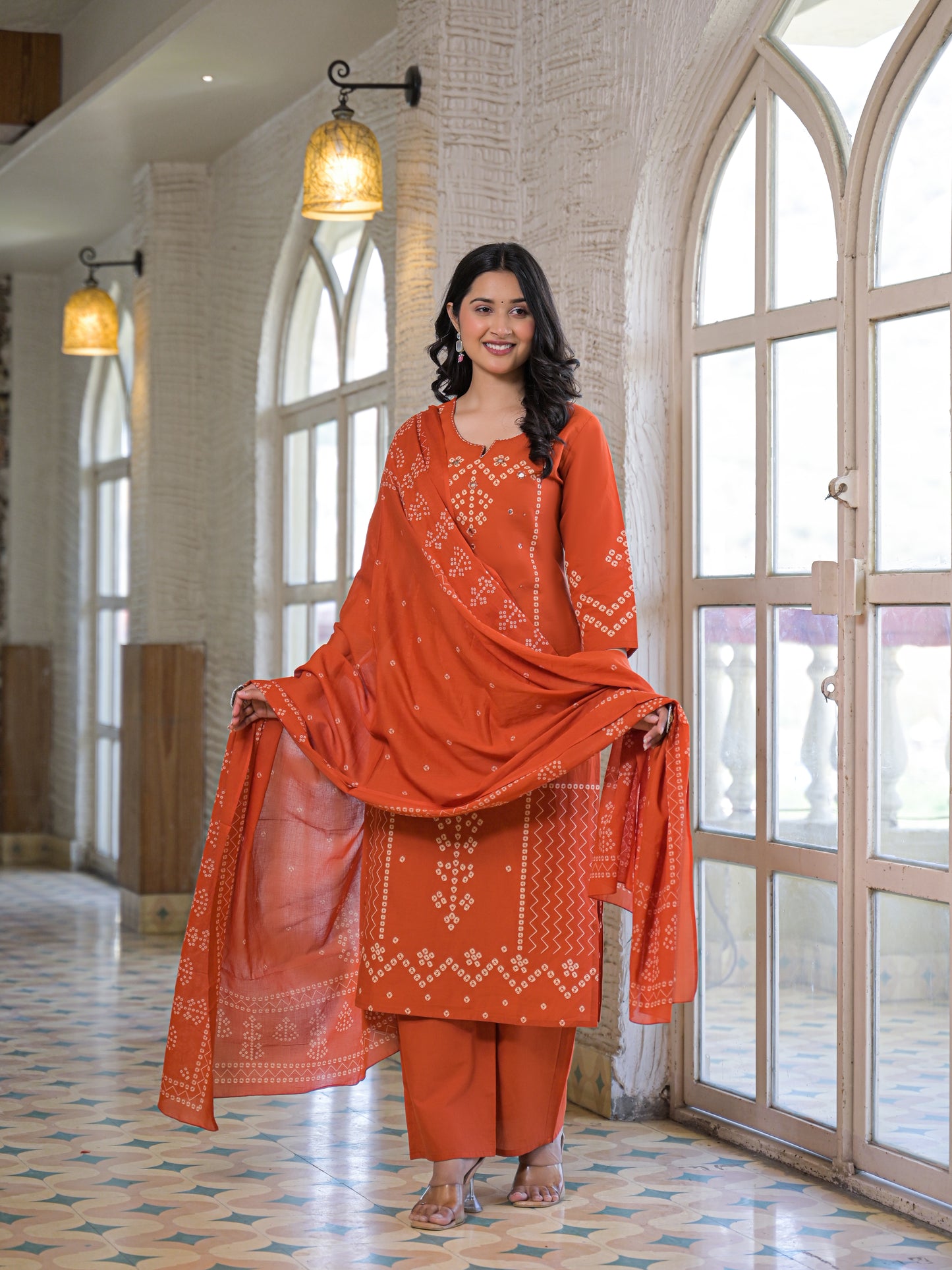 Peach Orange Bandhej Kurta Palazzo Set with Dupatta