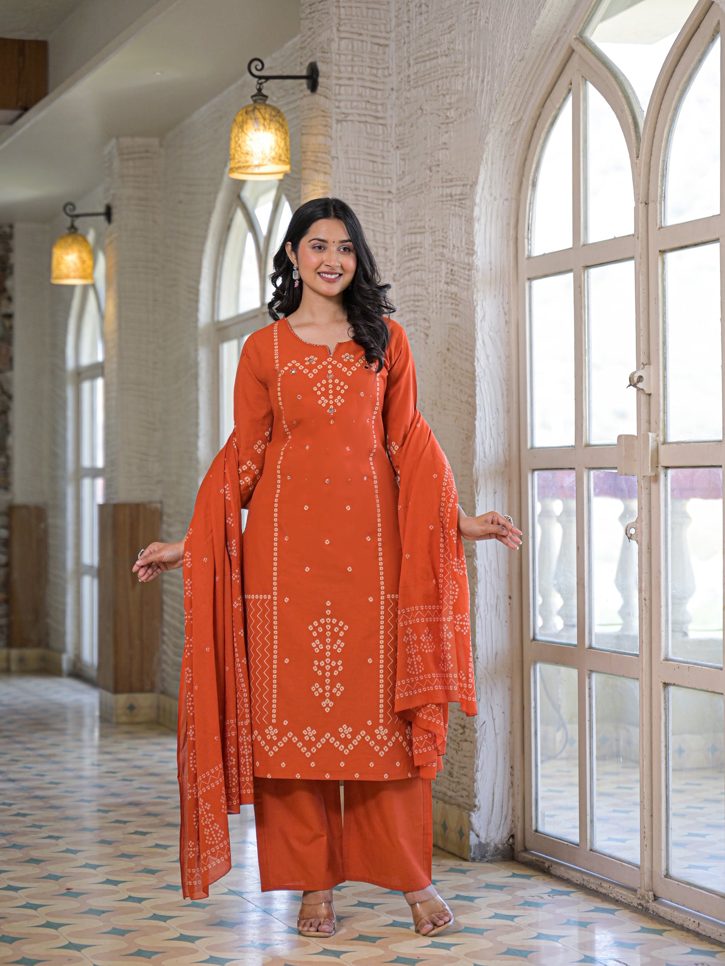 Peach Orange Bandhej Kurta Palazzo Set with Dupatta