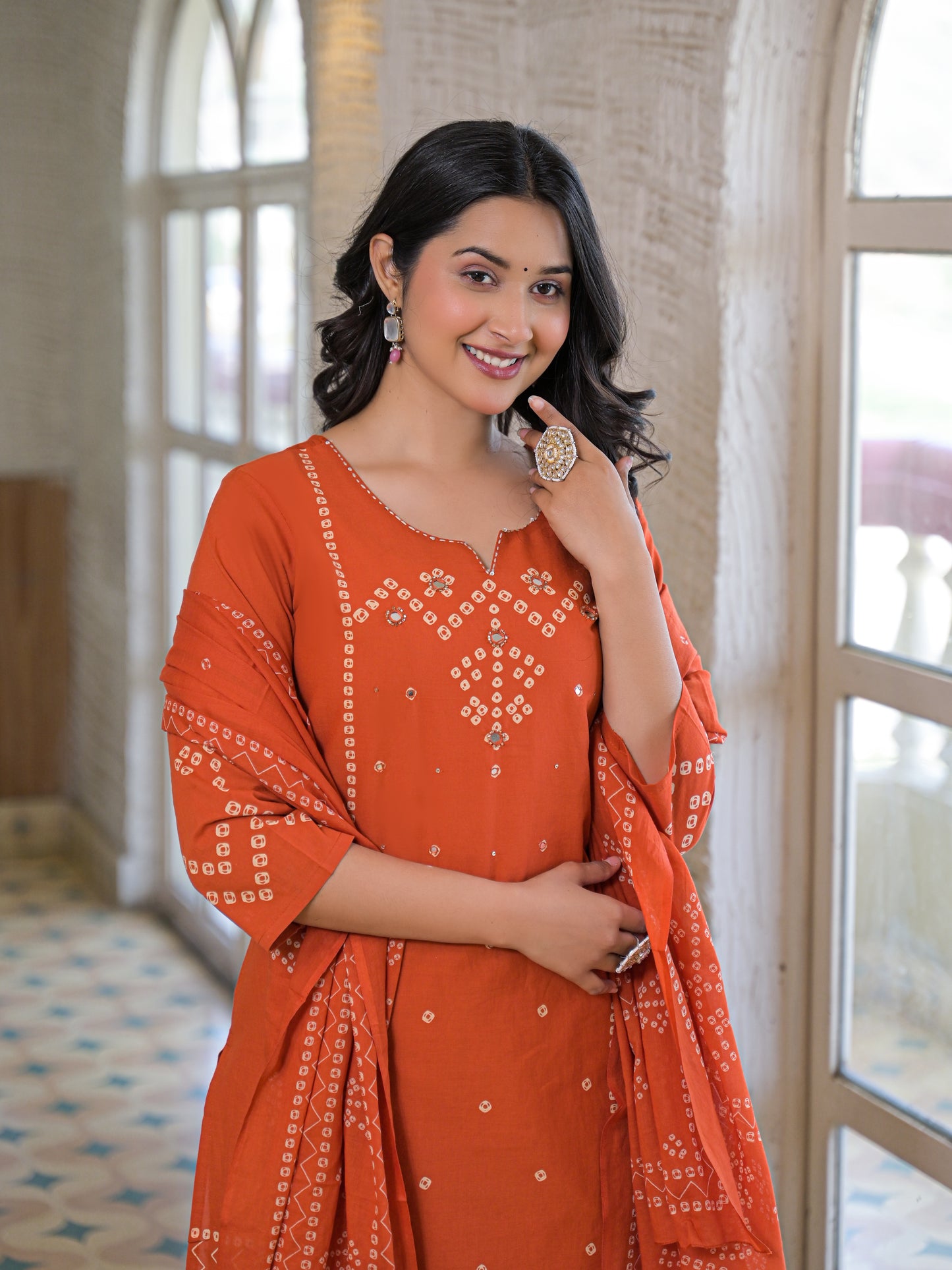 Peach Orange Bandhej Kurta Palazzo Set with Dupatta