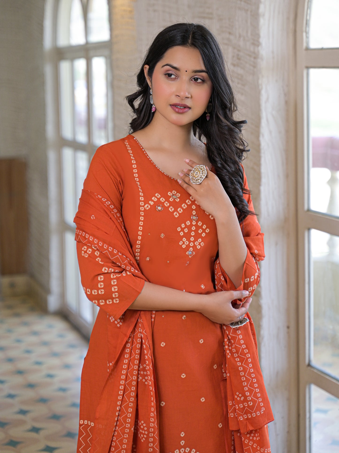Peach Orange Bandhej Kurta Palazzo Set with Dupatta