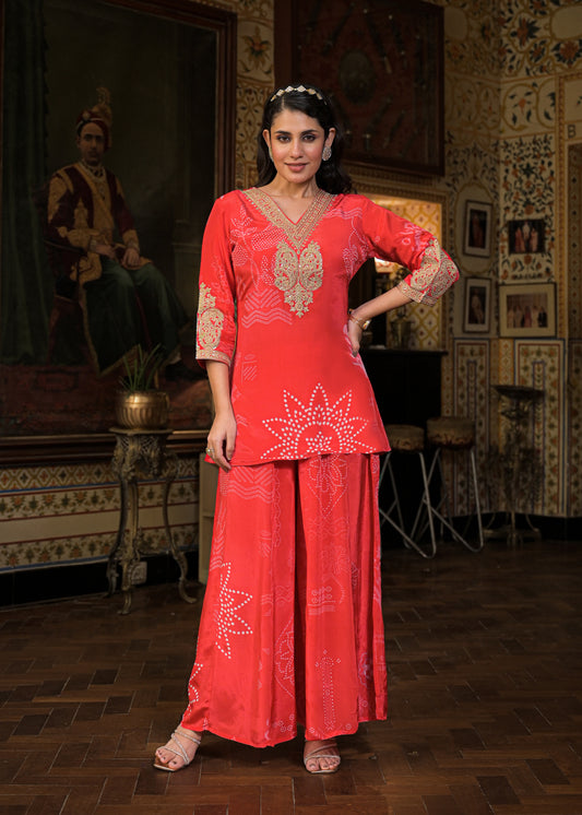 BANDHANI CREPE RED PLAZO SET