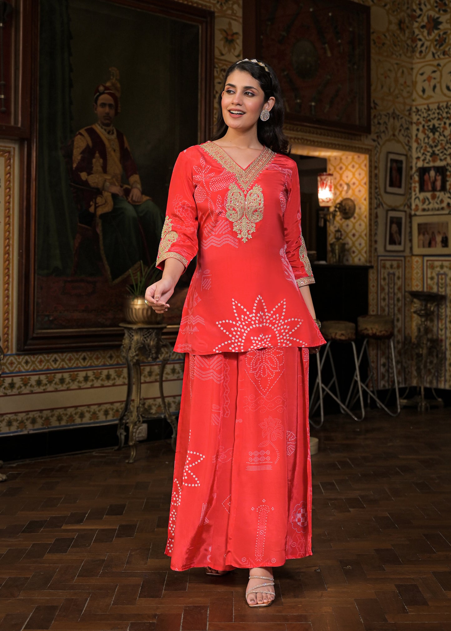 BANDHANI CREPE RED PLAZO SET