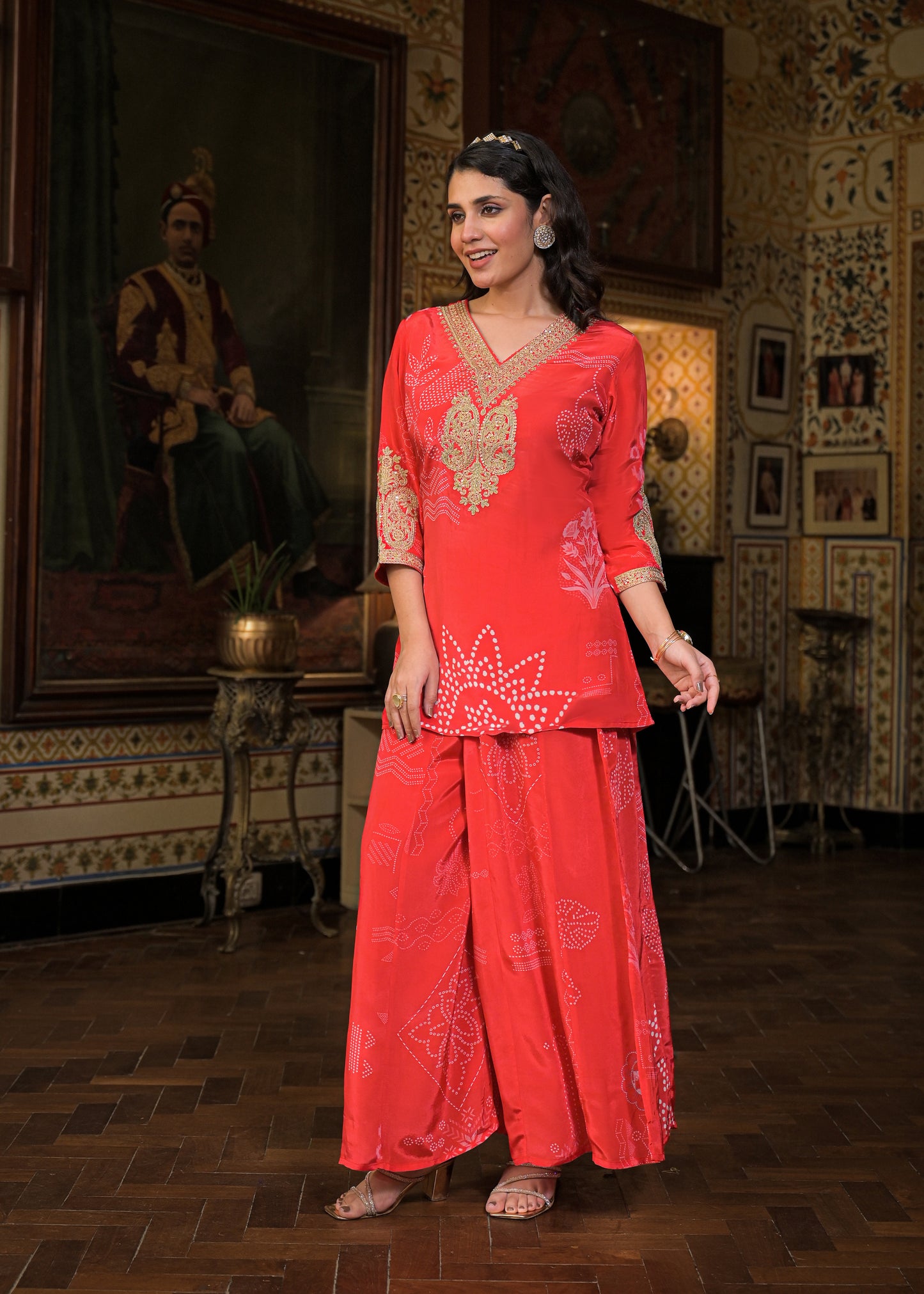 BANDHANI CREPE RED PLAZO SET