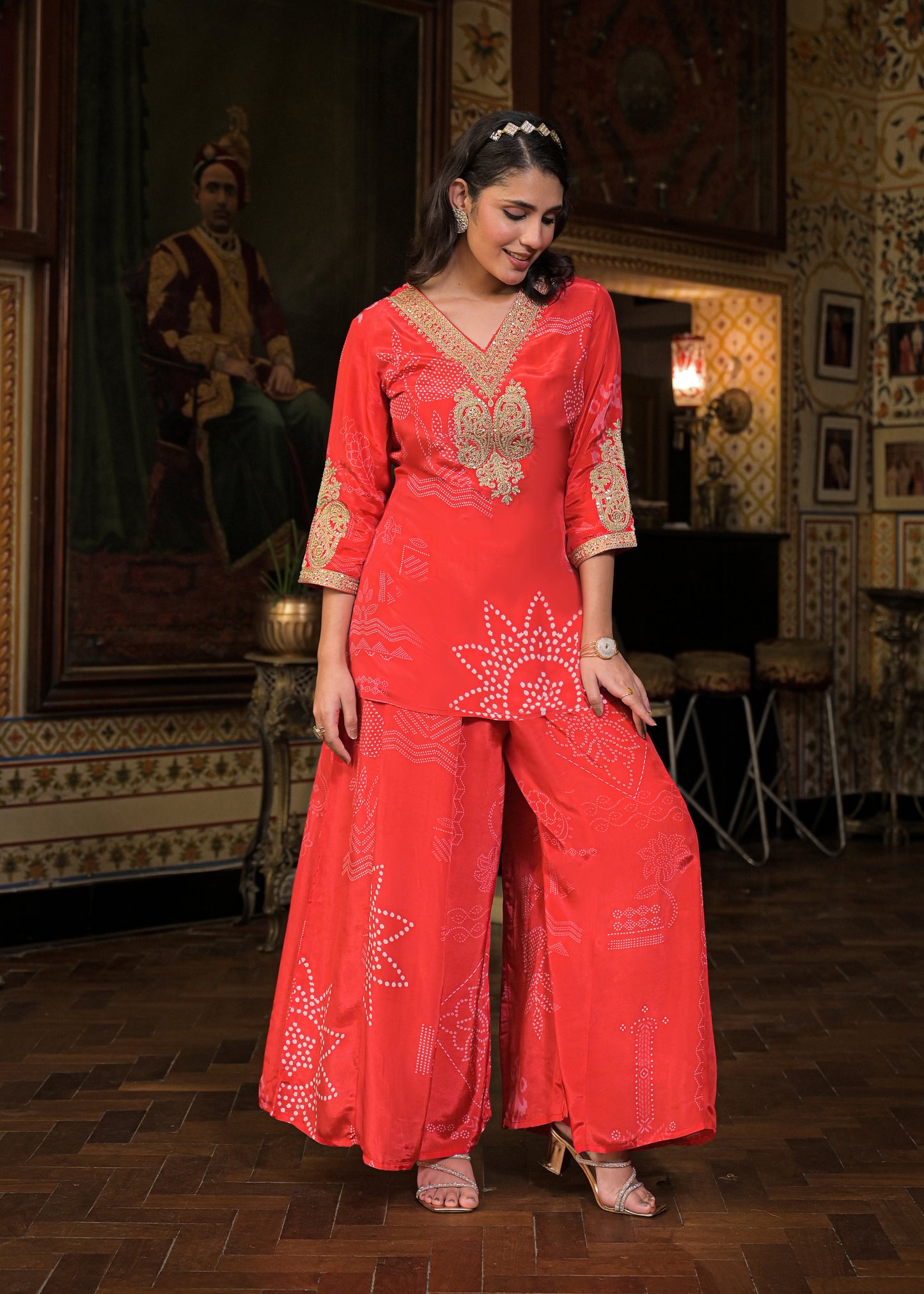 BANDHANI CREPE RED PLAZO SET