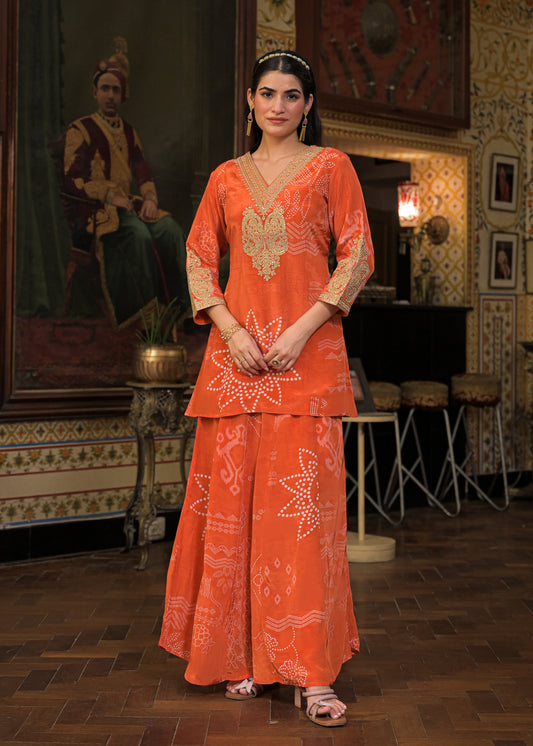 BANDHANI CREPE RUST PLAZO SET