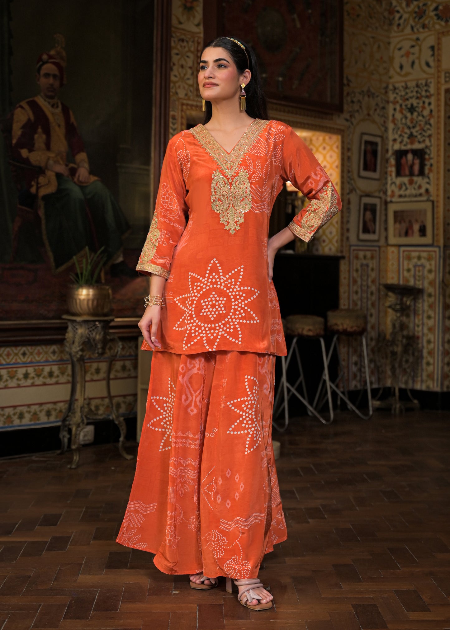 BANDHANI CREPE RUST PLAZO SET