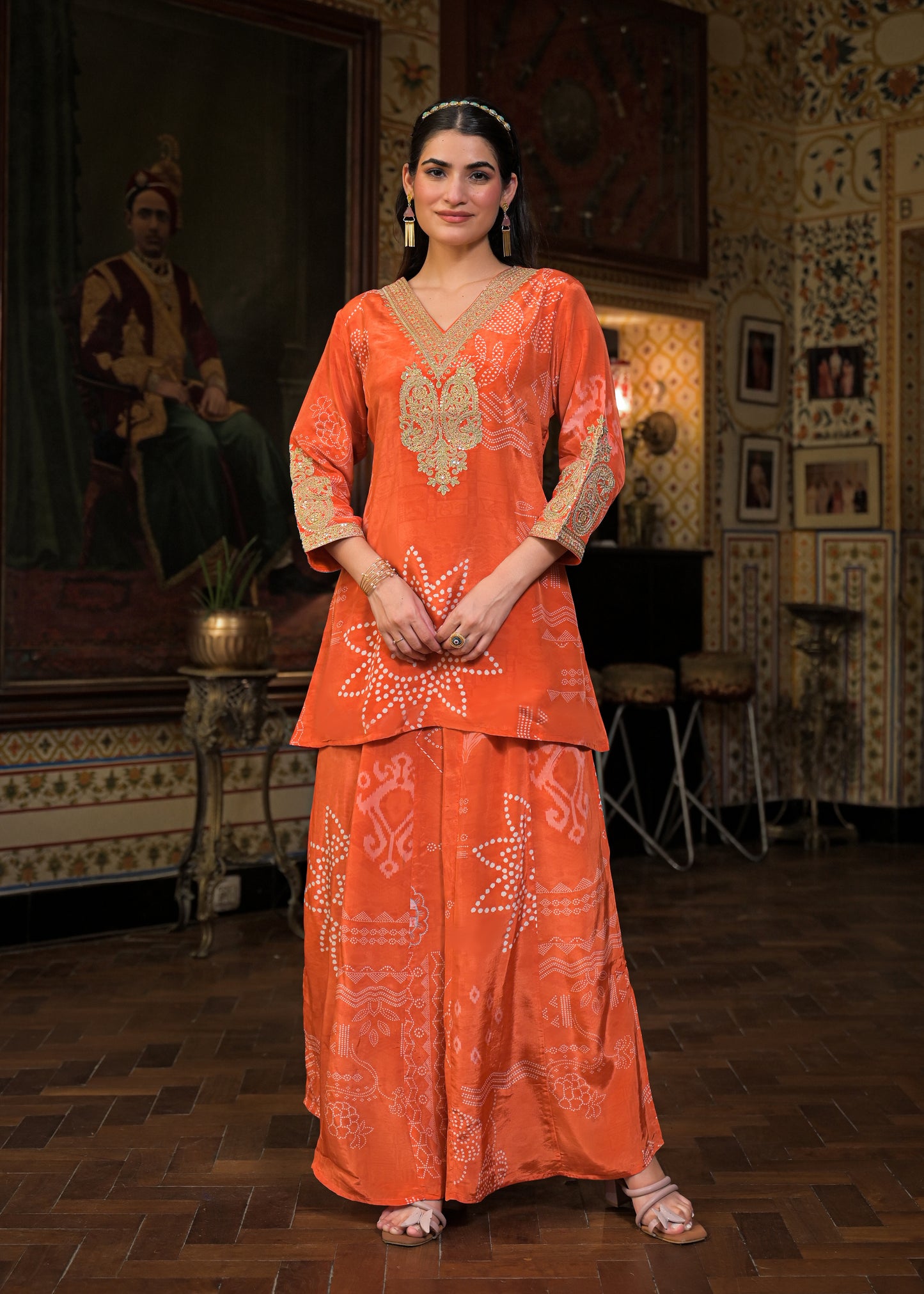 BANDHANI CREPE RUST PLAZO SET