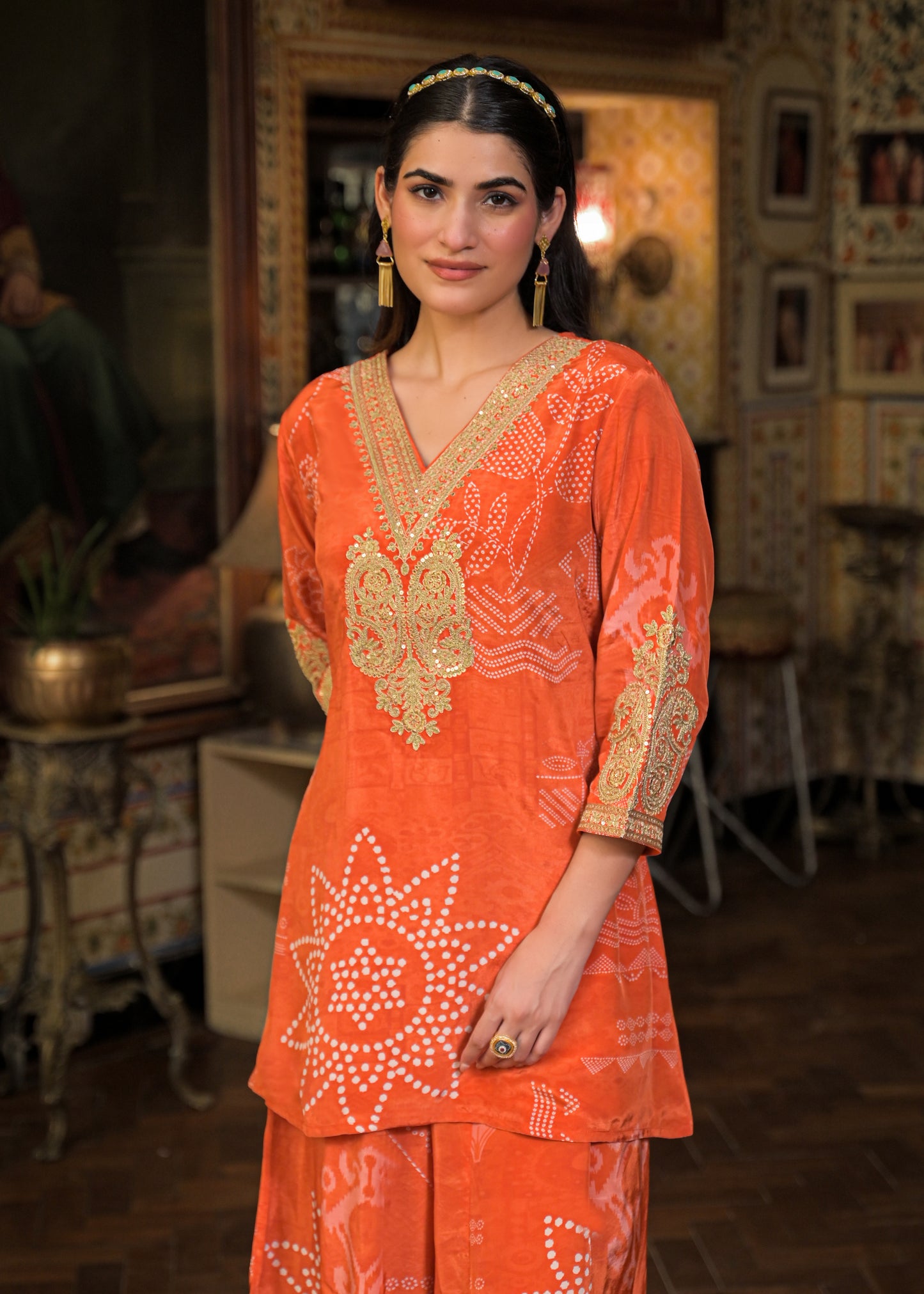 BANDHANI CREPE RUST PLAZO SET