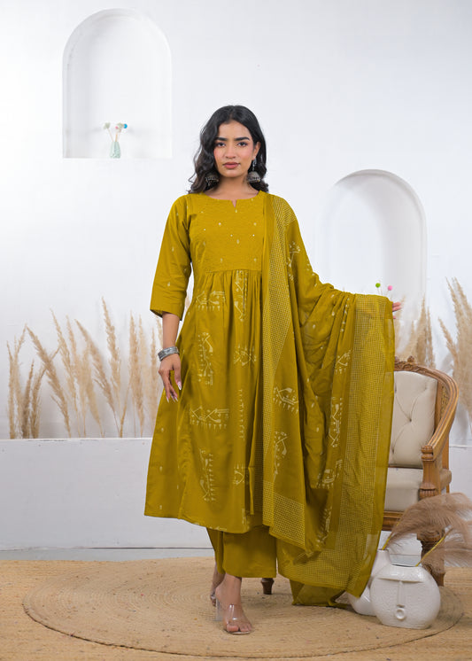 Mustard Yellow Printed Kurta Set with Dupatta