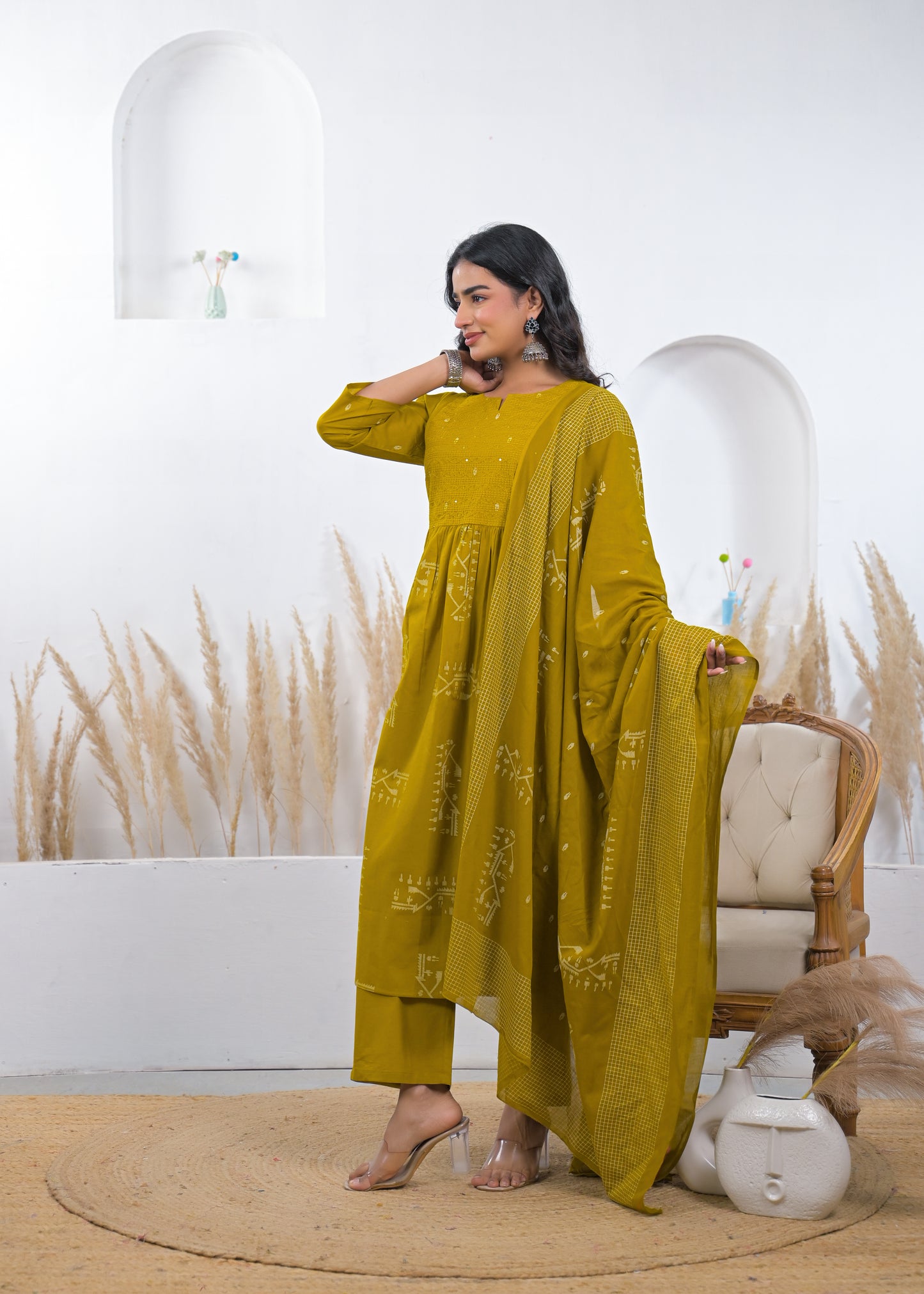 Mustard Yellow Printed Kurta Set with Dupatta