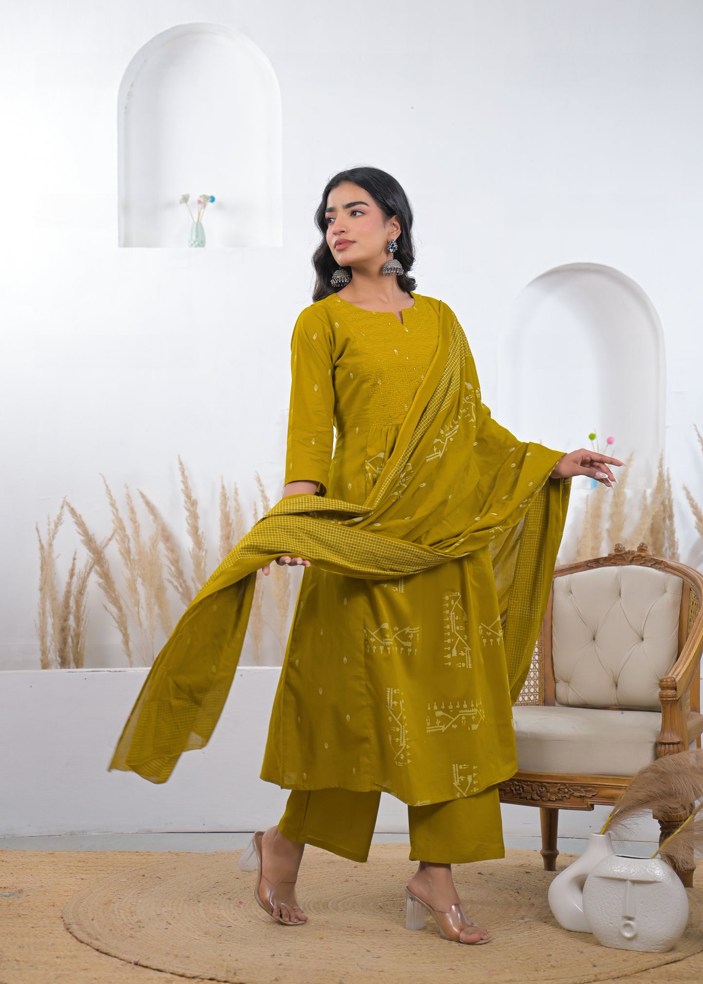 Mustard Yellow Printed Kurta Set with Dupatta