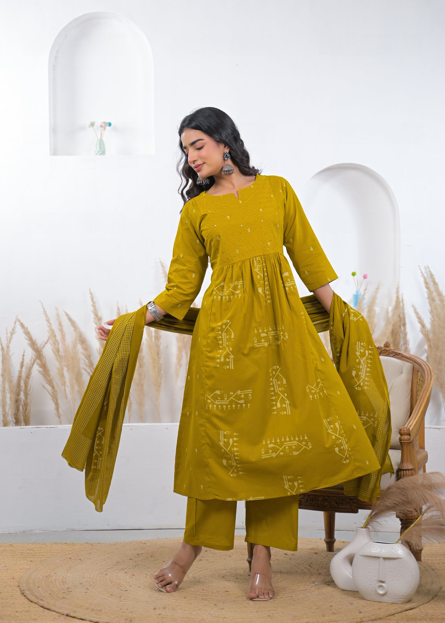 Mustard Yellow Printed Kurta Set with Dupatta
