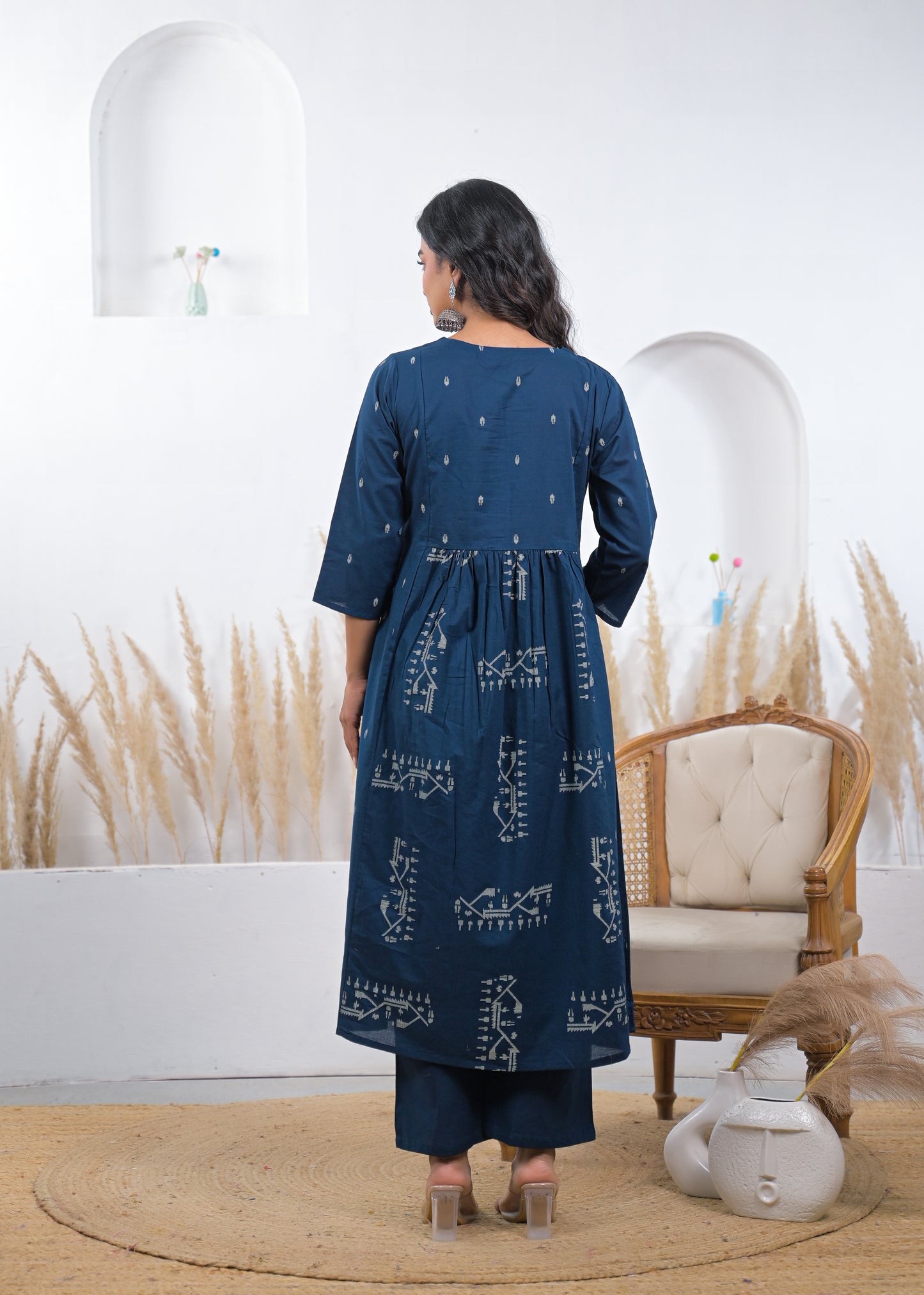 Steel Blue Printed Kurta Set with Dupatta