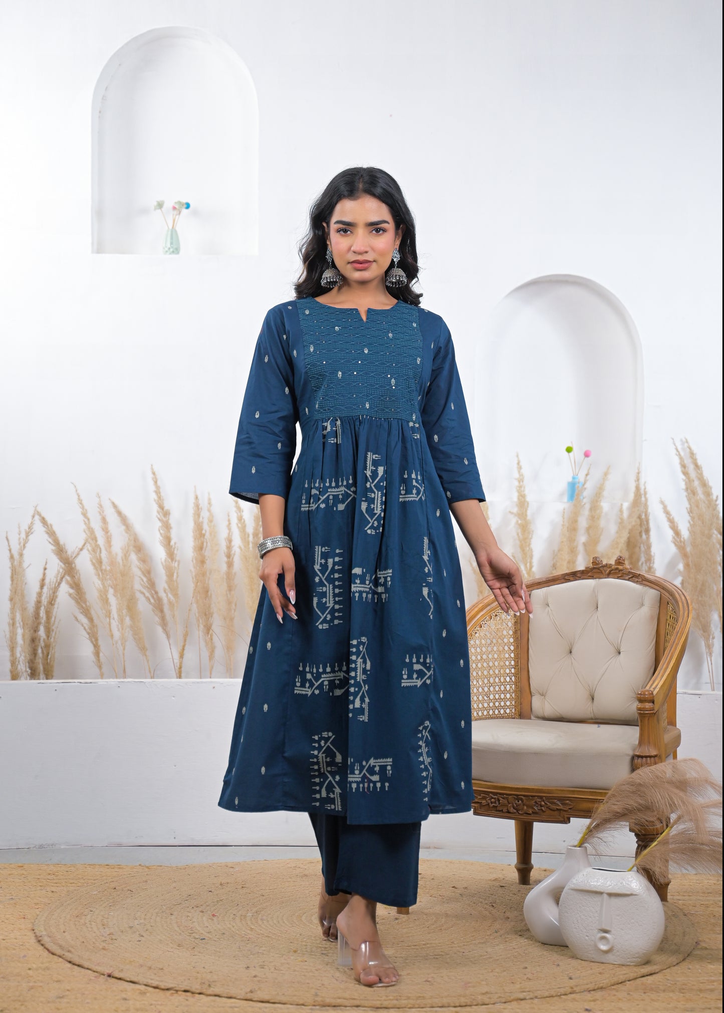 Steel Blue Printed Kurta Set with Dupatta