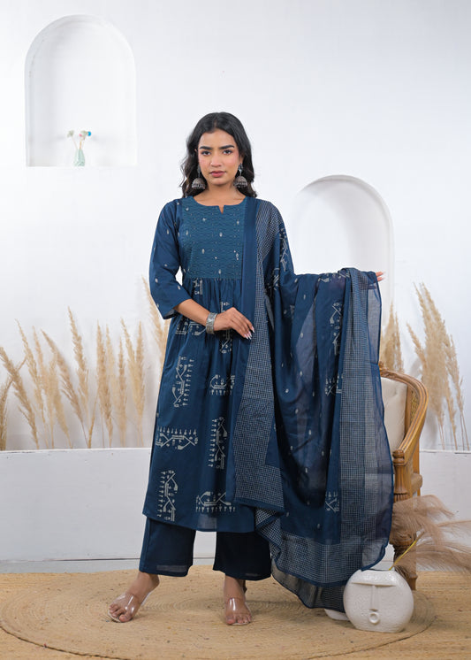 Steel Blue Printed Kurta Set with Dupatta