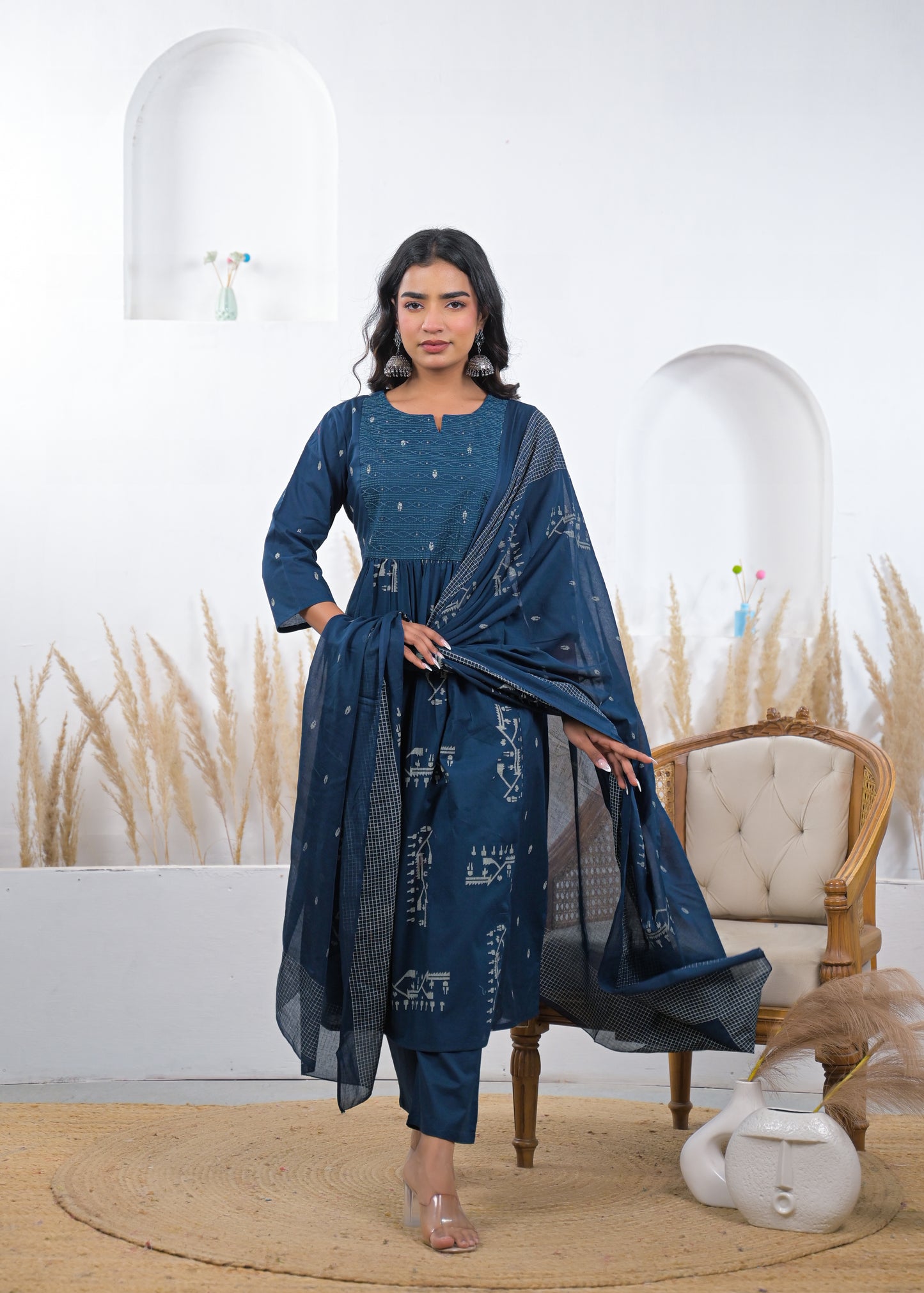Steel Blue Printed Kurta Set with Dupatta