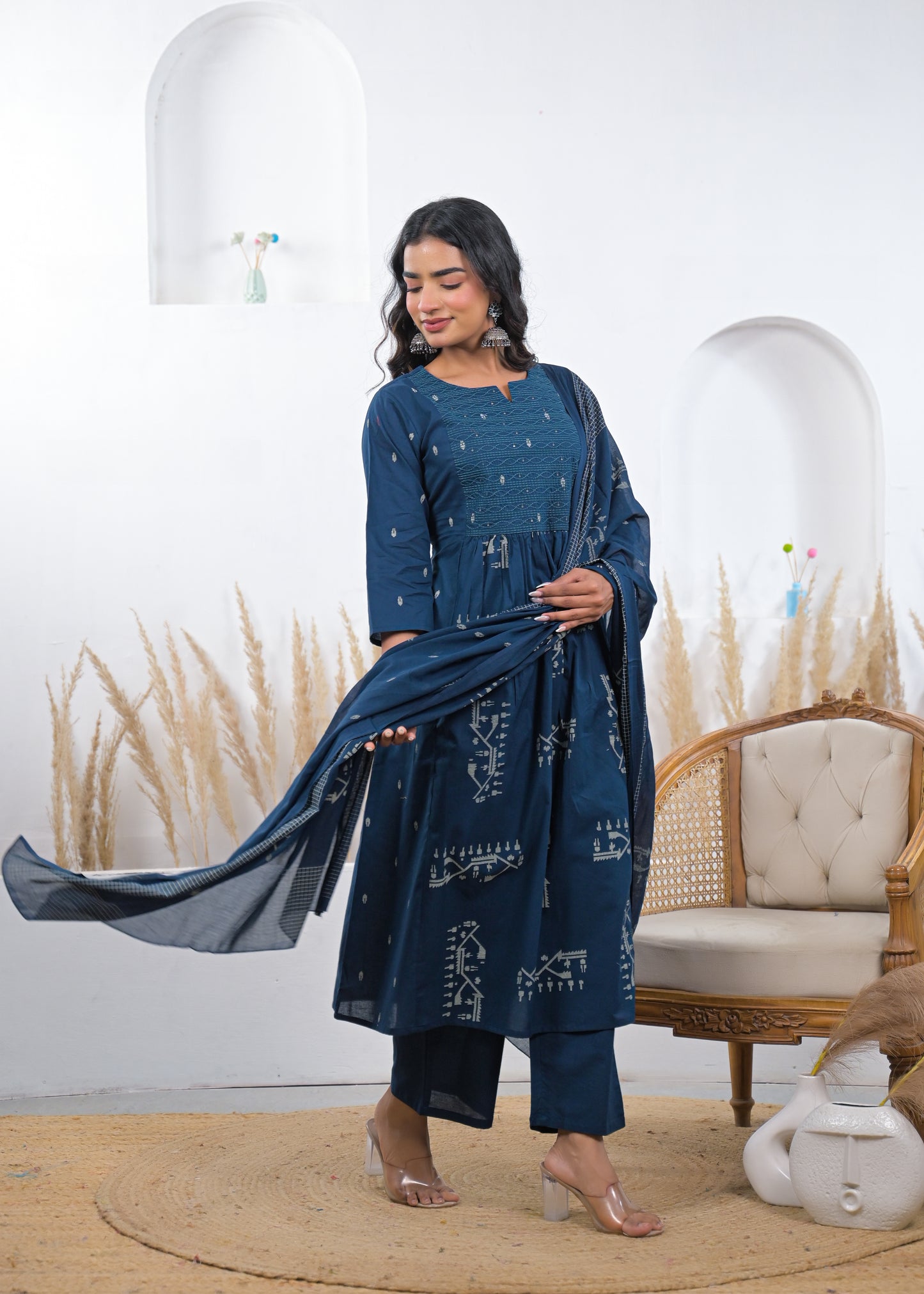 Steel Blue Printed Kurta Set with Dupatta