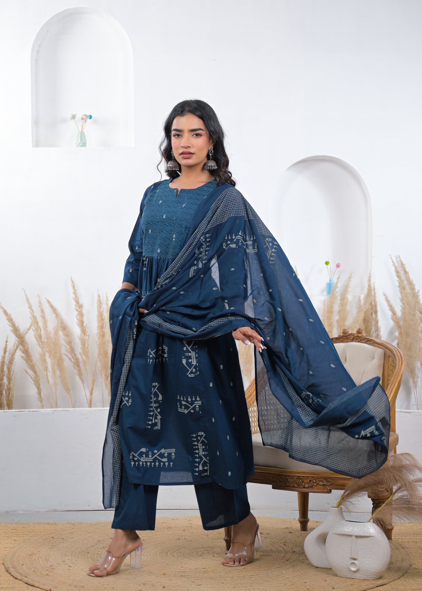 Steel Blue Printed Kurta Set with Dupatta
