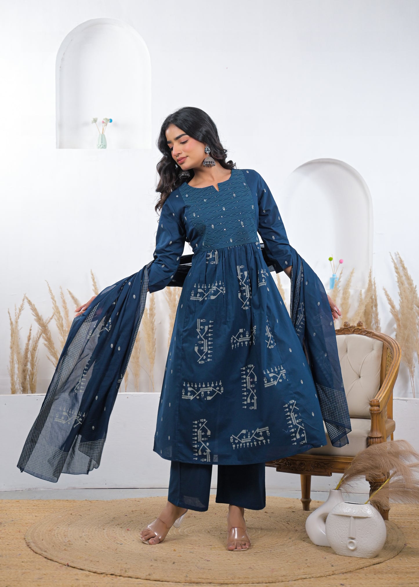 Steel Blue Printed Kurta Set with Dupatta