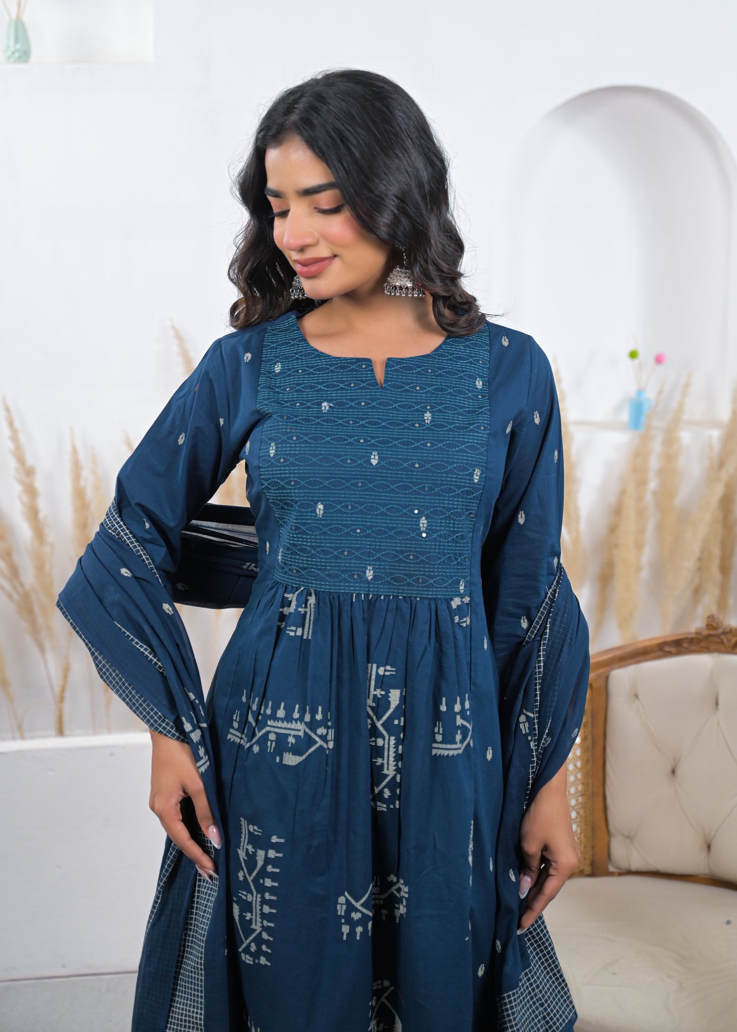 Steel Blue Printed Kurta Set with Dupatta
