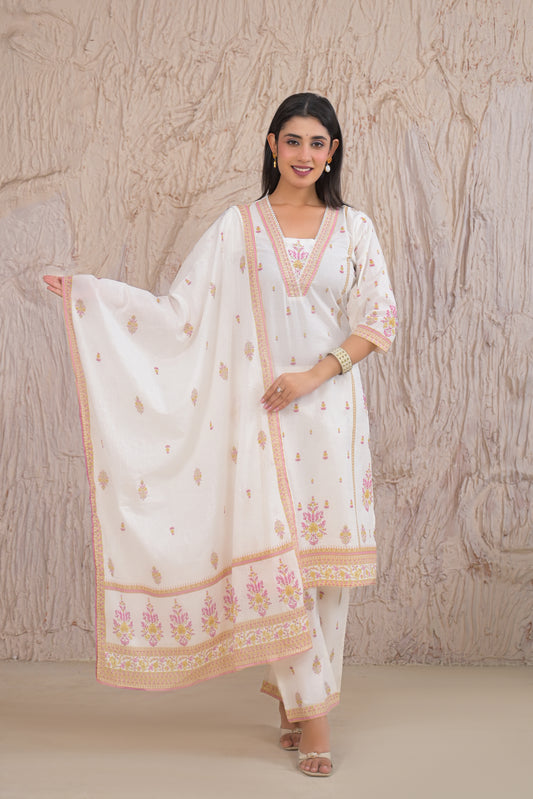 Elegant White Eyelet work Kurta Set with Dupatta