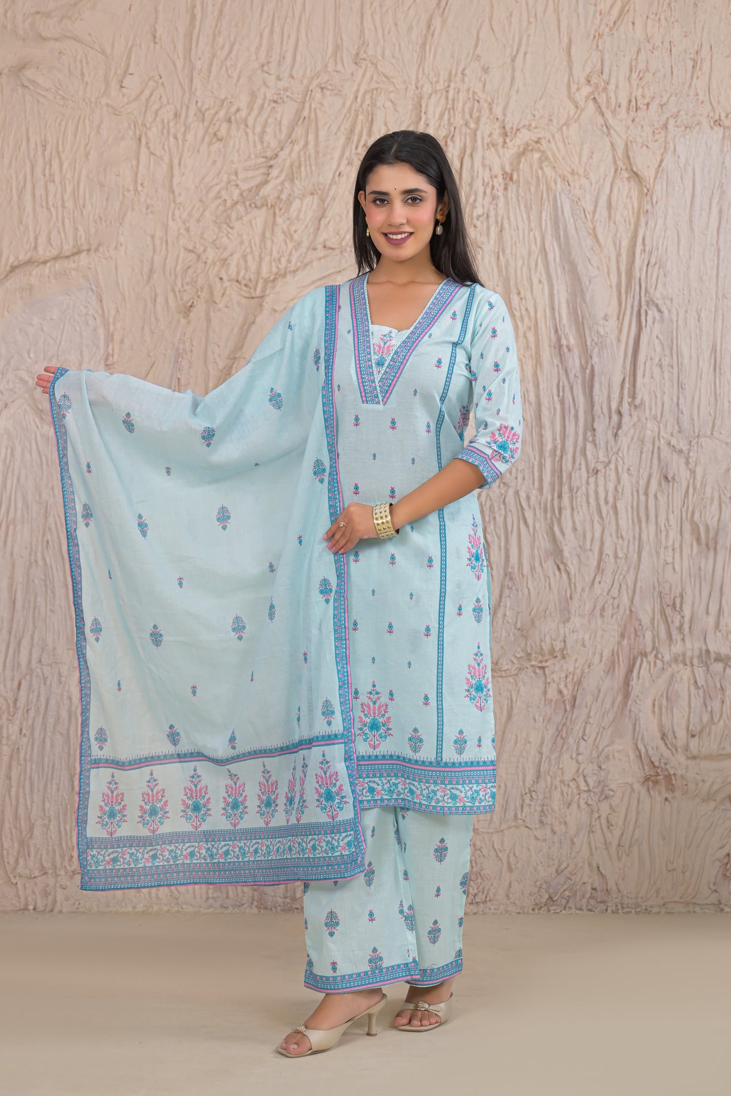 Graceful Sky Blue Eyelet work Kurta Set with Dupatta