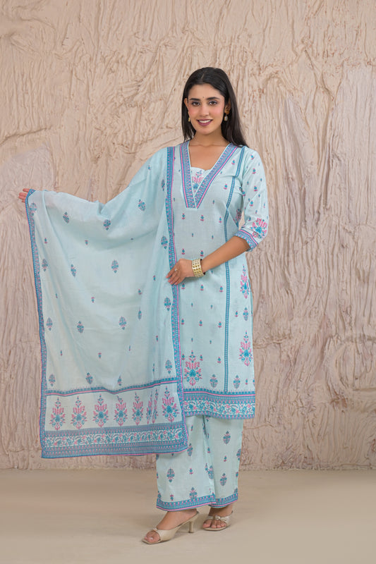 Graceful Sky Blue Eyelet work Kurta Set with Dupatta