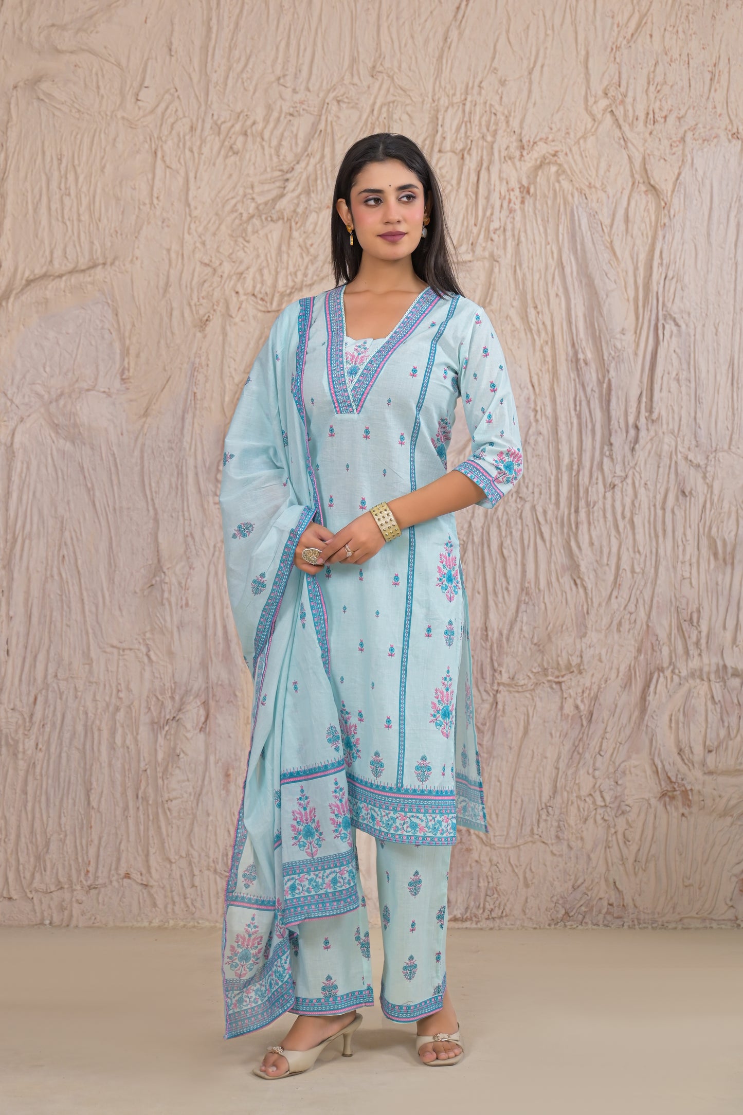 Graceful Sky Blue Eyelet work Kurta Set with Dupatta