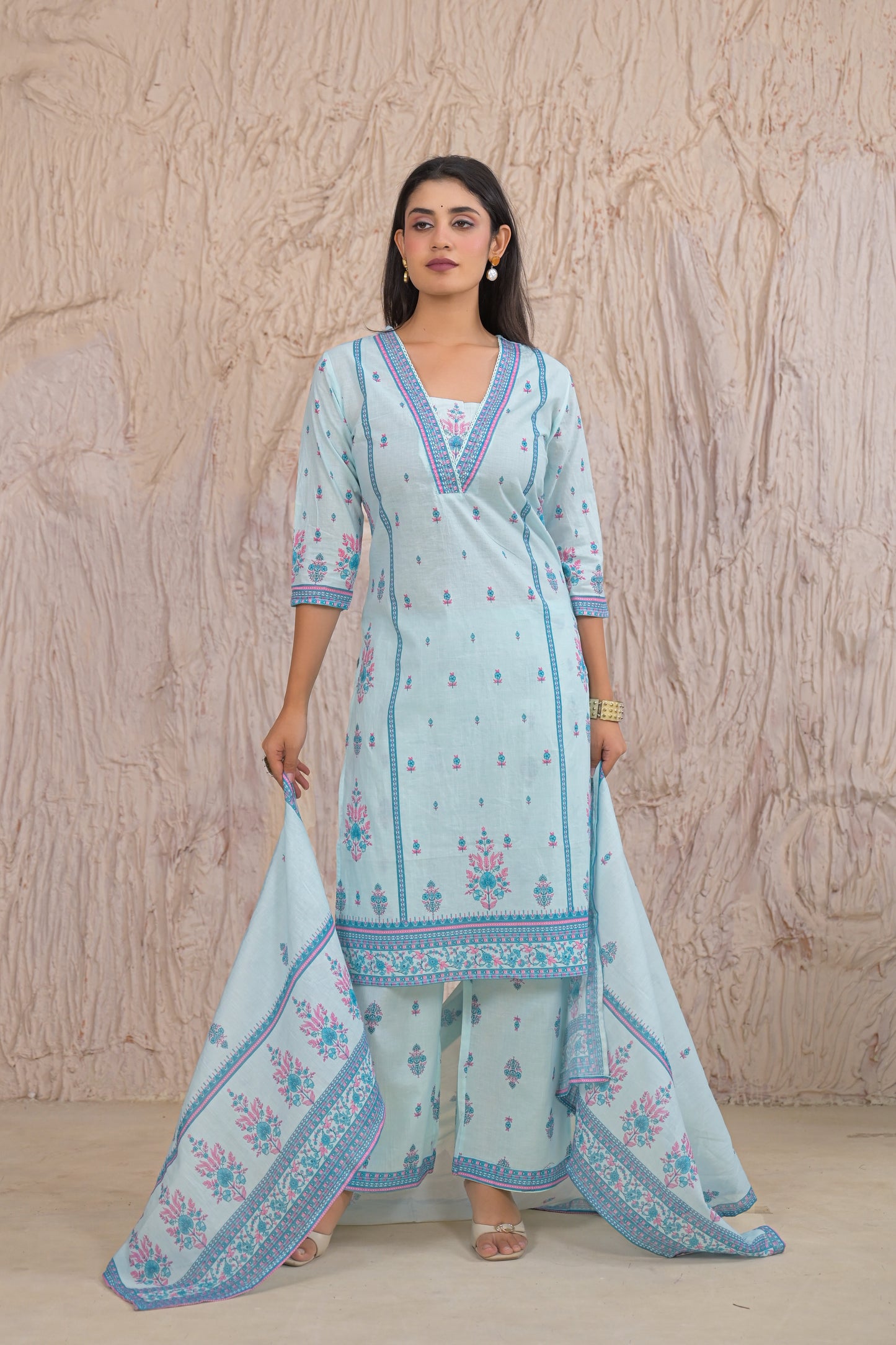 Graceful Sky Blue Eyelet work Kurta Set with Dupatta
