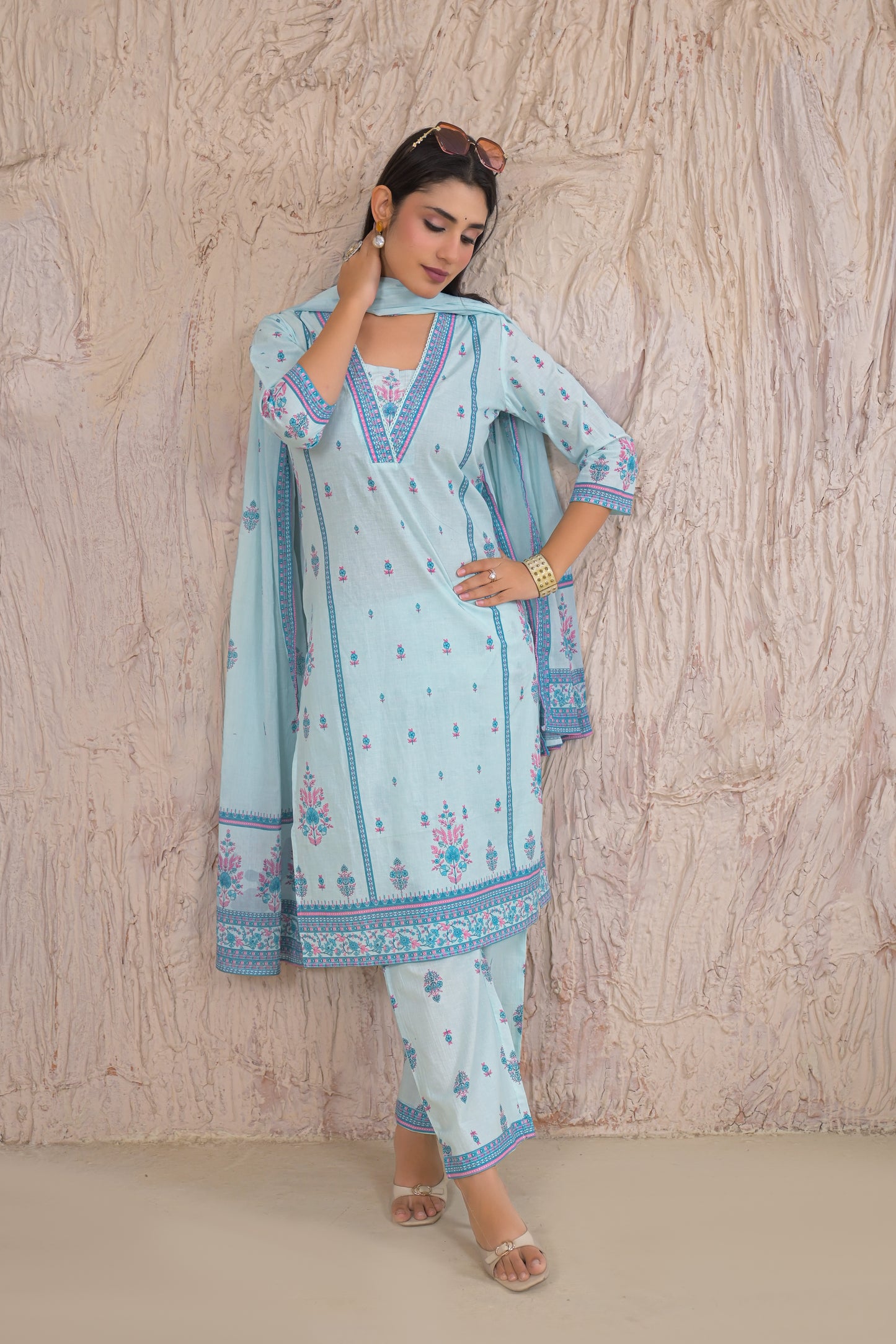 Graceful Sky Blue Eyelet work Kurta Set with Dupatta