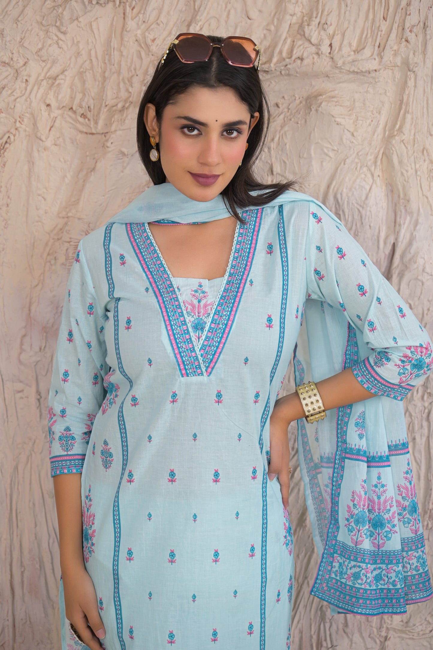 Graceful Sky Blue Eyelet work Kurta Set with Dupatta