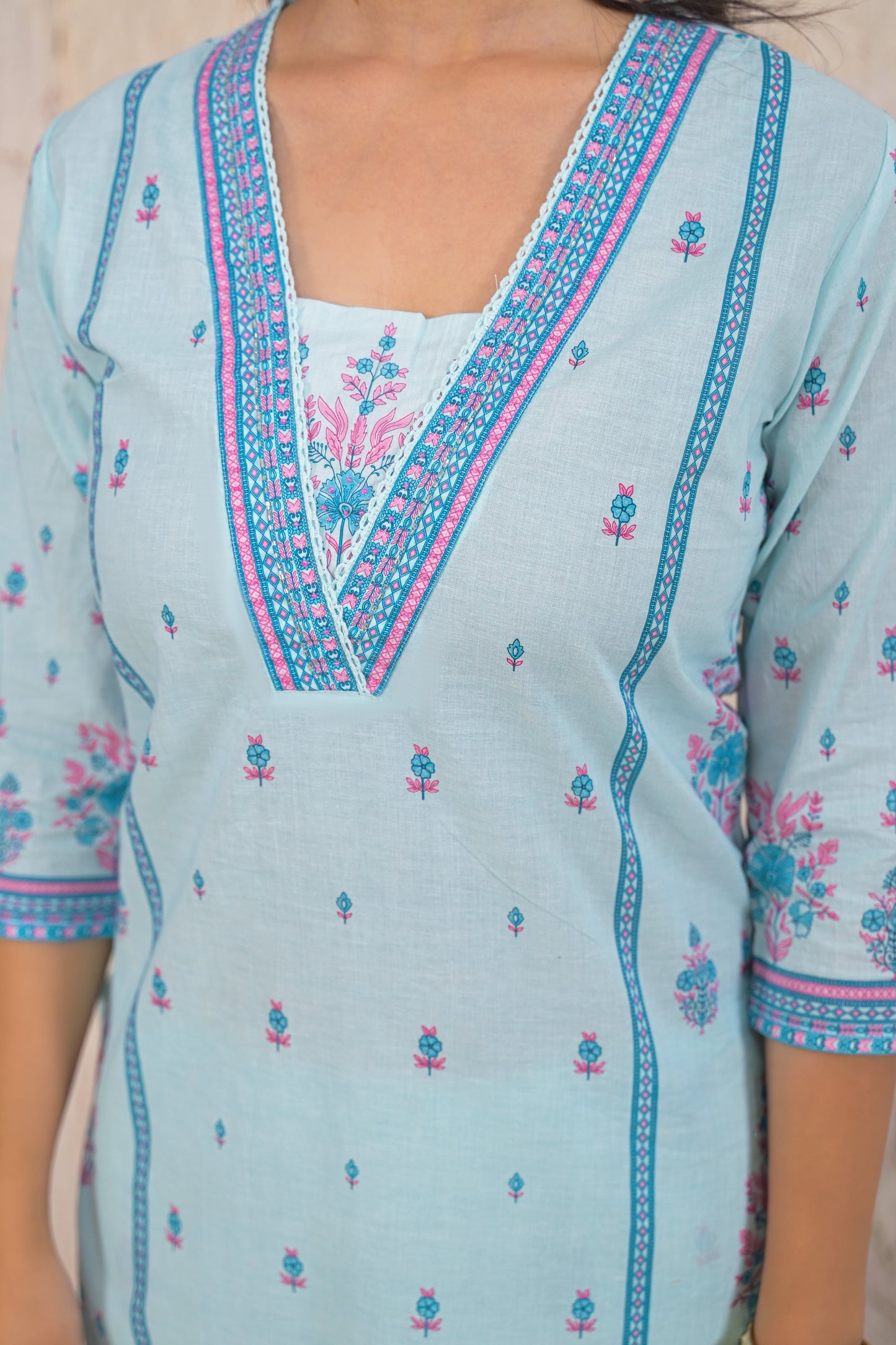 Graceful Sky Blue Eyelet work Kurta Set with Dupatta