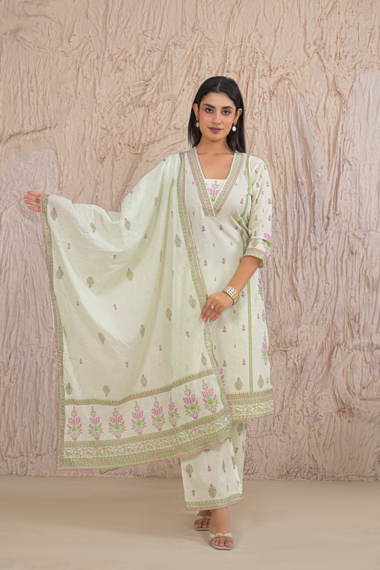 Elegant Pastel Green Eyelet work Kurta Set with Dupatta