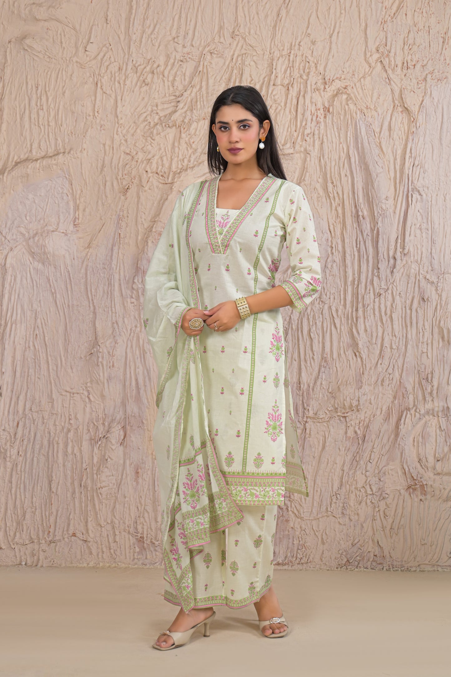 Elegant Pastel Green Eyelet work Kurta Set with Dupatta