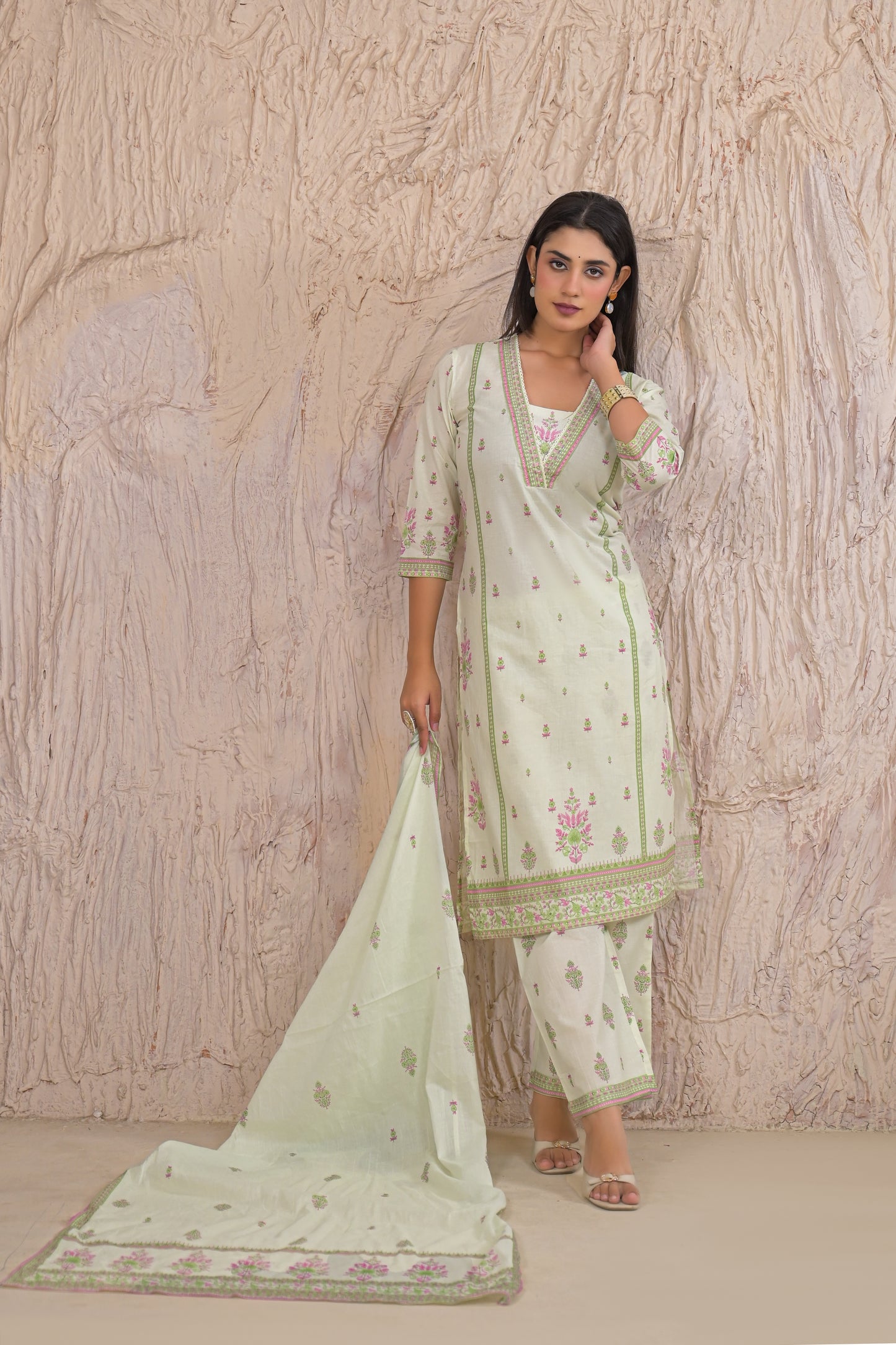 Elegant Pastel Green Eyelet work Kurta Set with Dupatta