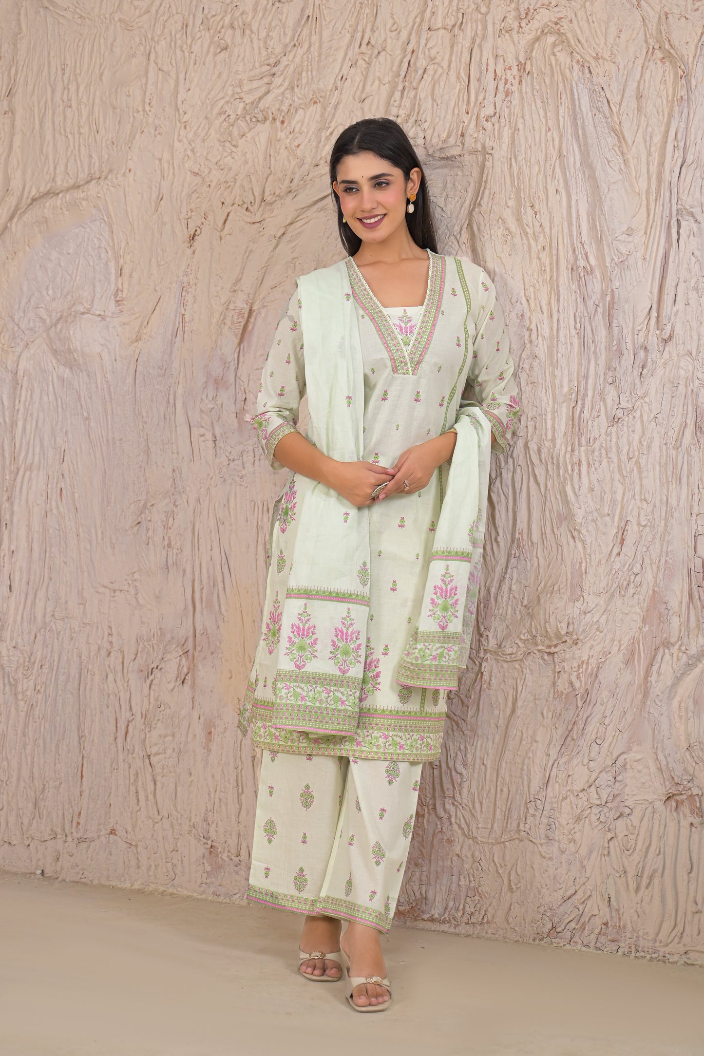 Elegant Pastel Green Eyelet work Kurta Set with Dupatta