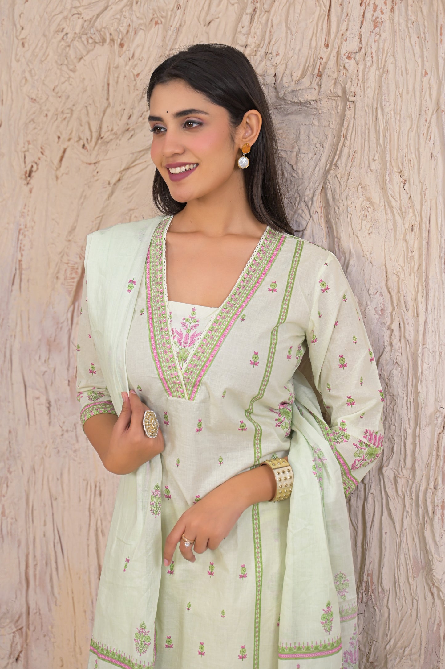 Elegant Pastel Green Eyelet work Kurta Set with Dupatta