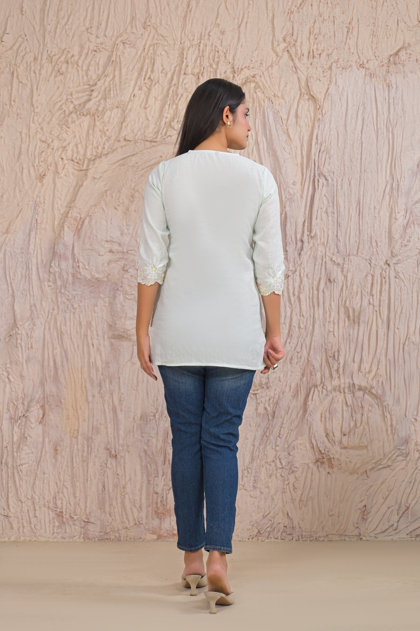Elegant Pista Embroidered Short Kurti