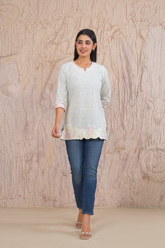 Elegant Pista Embroidered Short Kurti